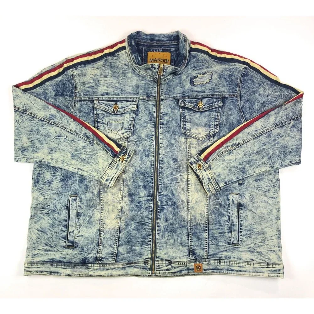 Makobi Mens 6XB Acid Wash Blue Denim Jean Track Jacket Distressed Faded Stripes - Picture 1 of 12